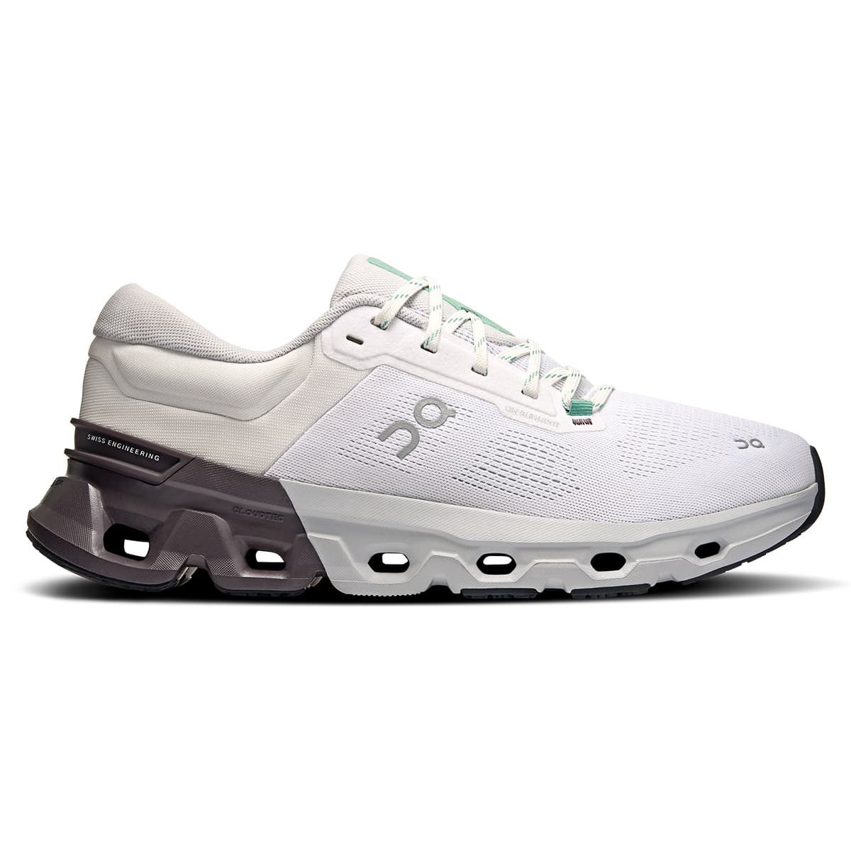 Right side view of the On Cloudflyer 5 White-Pebble men’s running shoe #color_white-pebble