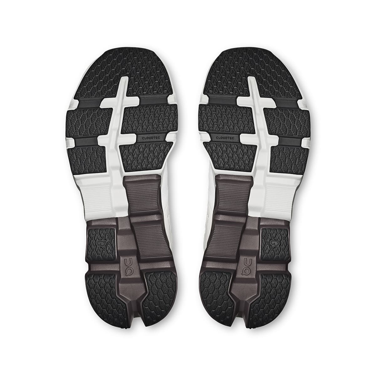 Soles of the On Cloudflyer 5 White-Pebble men’s running shoes #color_white-pebble