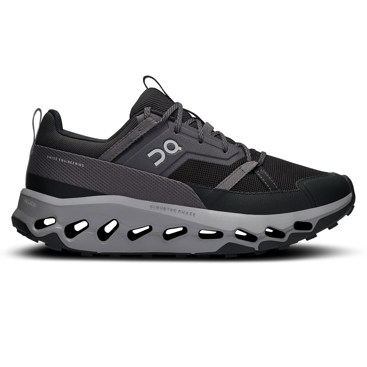 Right side view of the On Cloudhorizon Black-Alloy women’s running shoe #color_black-alloy