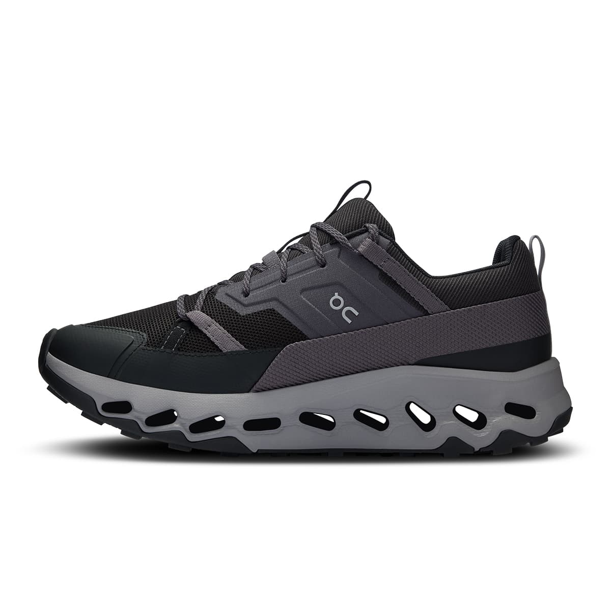 Left side view of the On Cloudhorizon Black-Alloy women’s running shoe #color_black-alloy