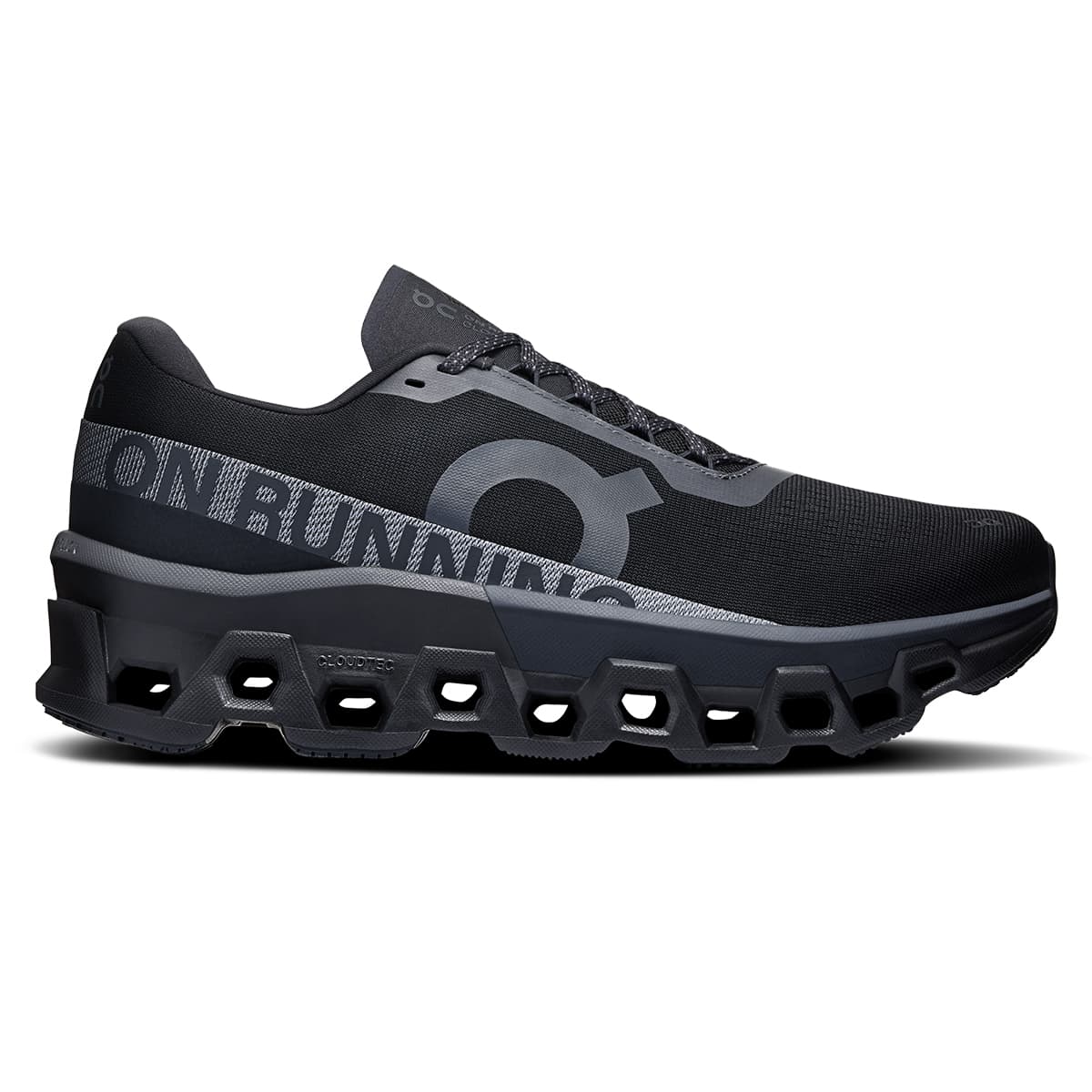 Right side view of the On Cloudmonster 2 Black Black men’s running shoe