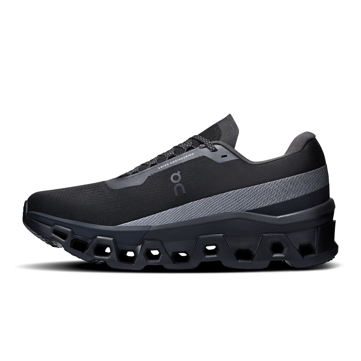 Left side view of the On Cloudmonster 2 Black Black men’s running shoe