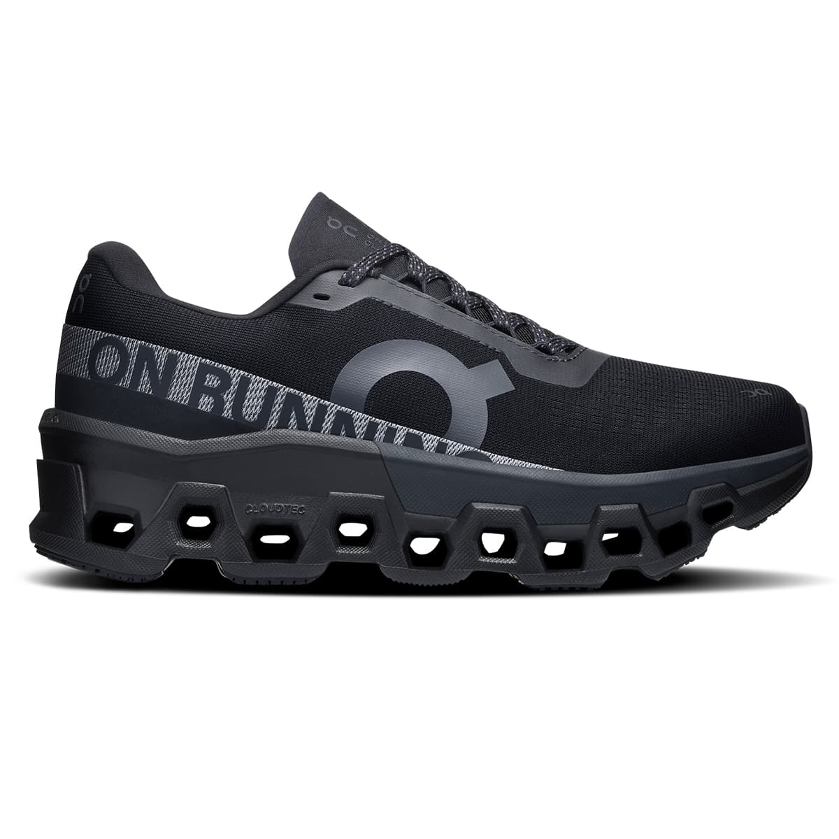 Right side view of the On Cloudmonster 2 Black Eclipse women’s running shoe