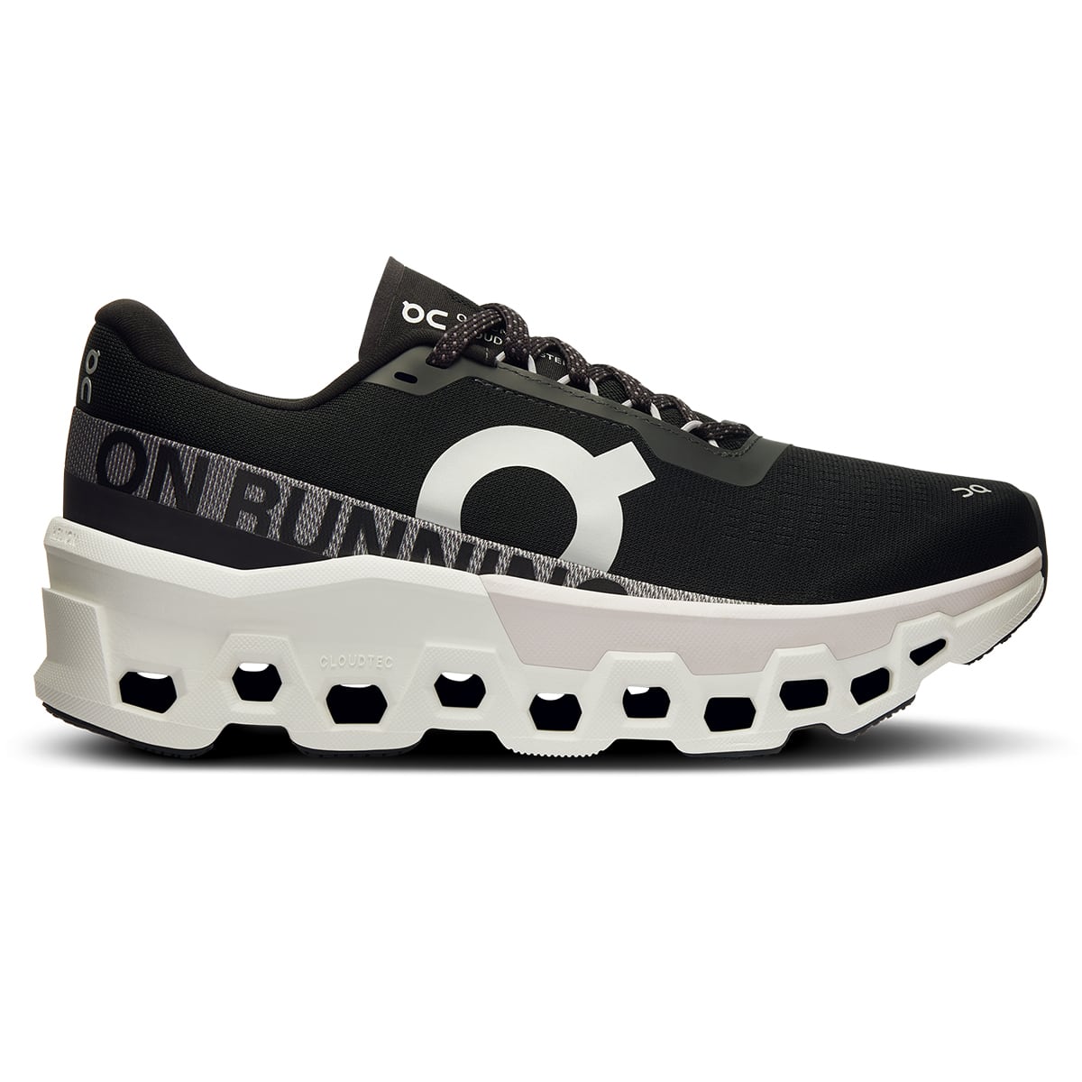 Right side view of the On Cloudmonster 2 Black Frost women’s running shoe