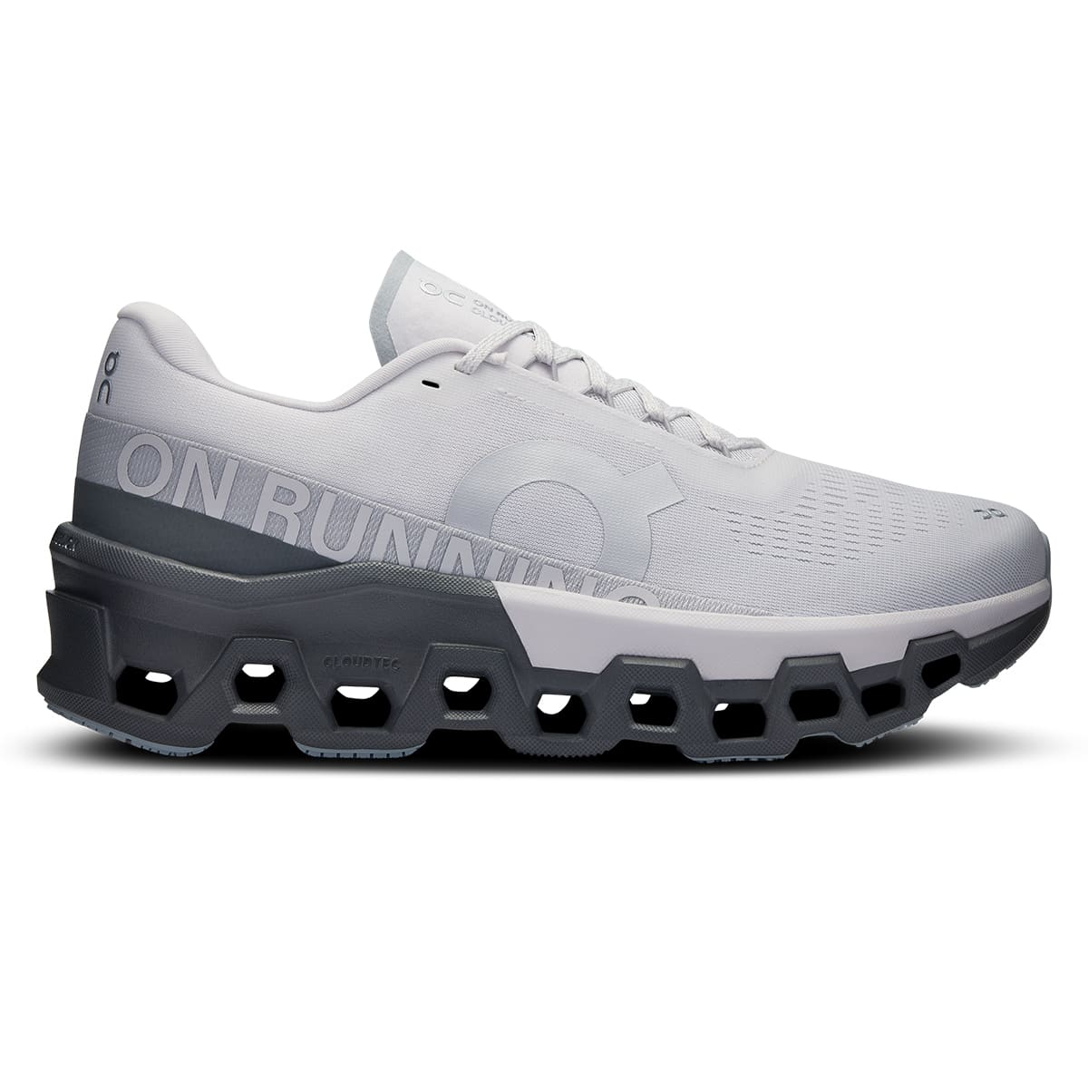 Right side view of the On Cloudmonster 2 Frost Rock men’s running shoe