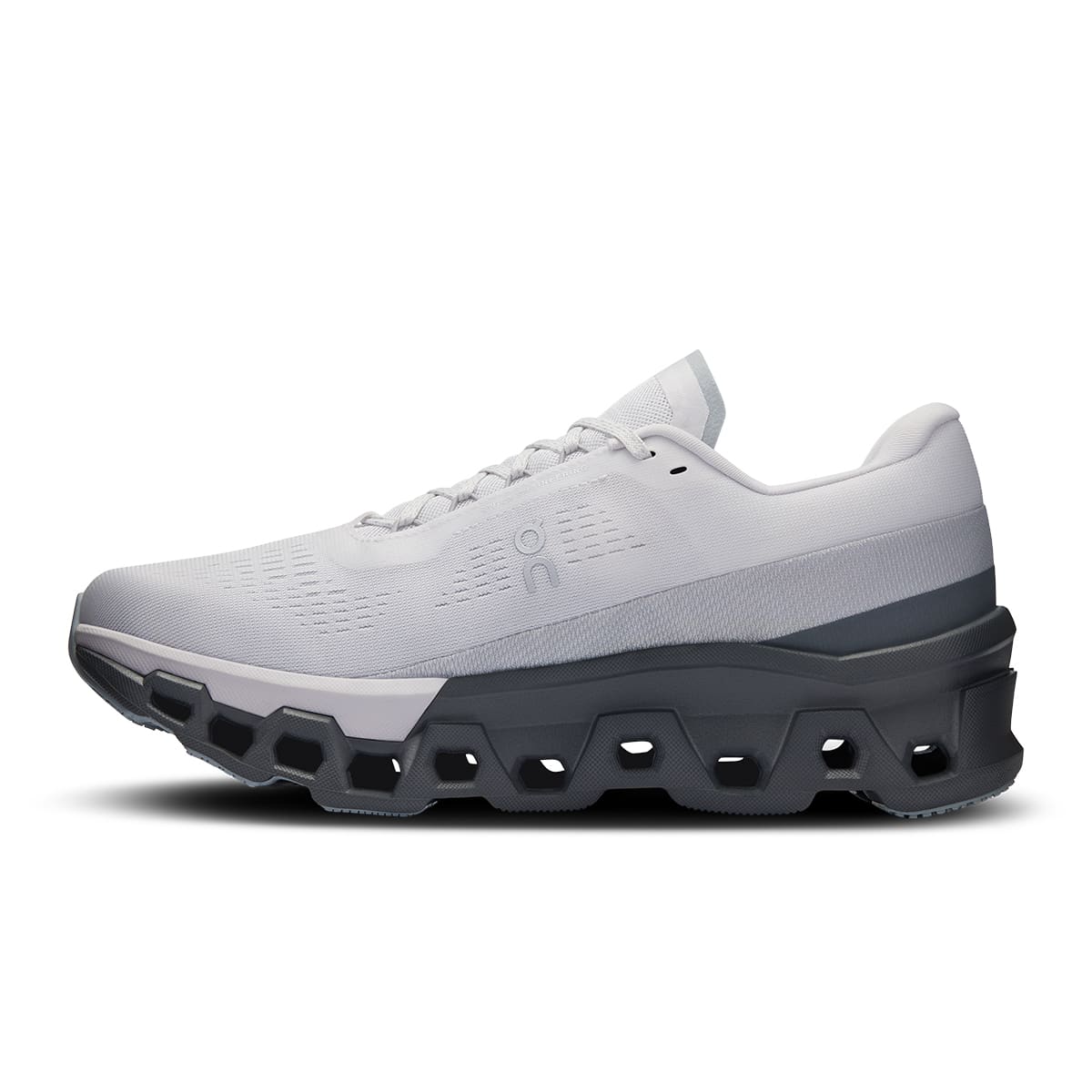 Left side view of the On Cloudmonster 2 Frost Rock men’s running shoe