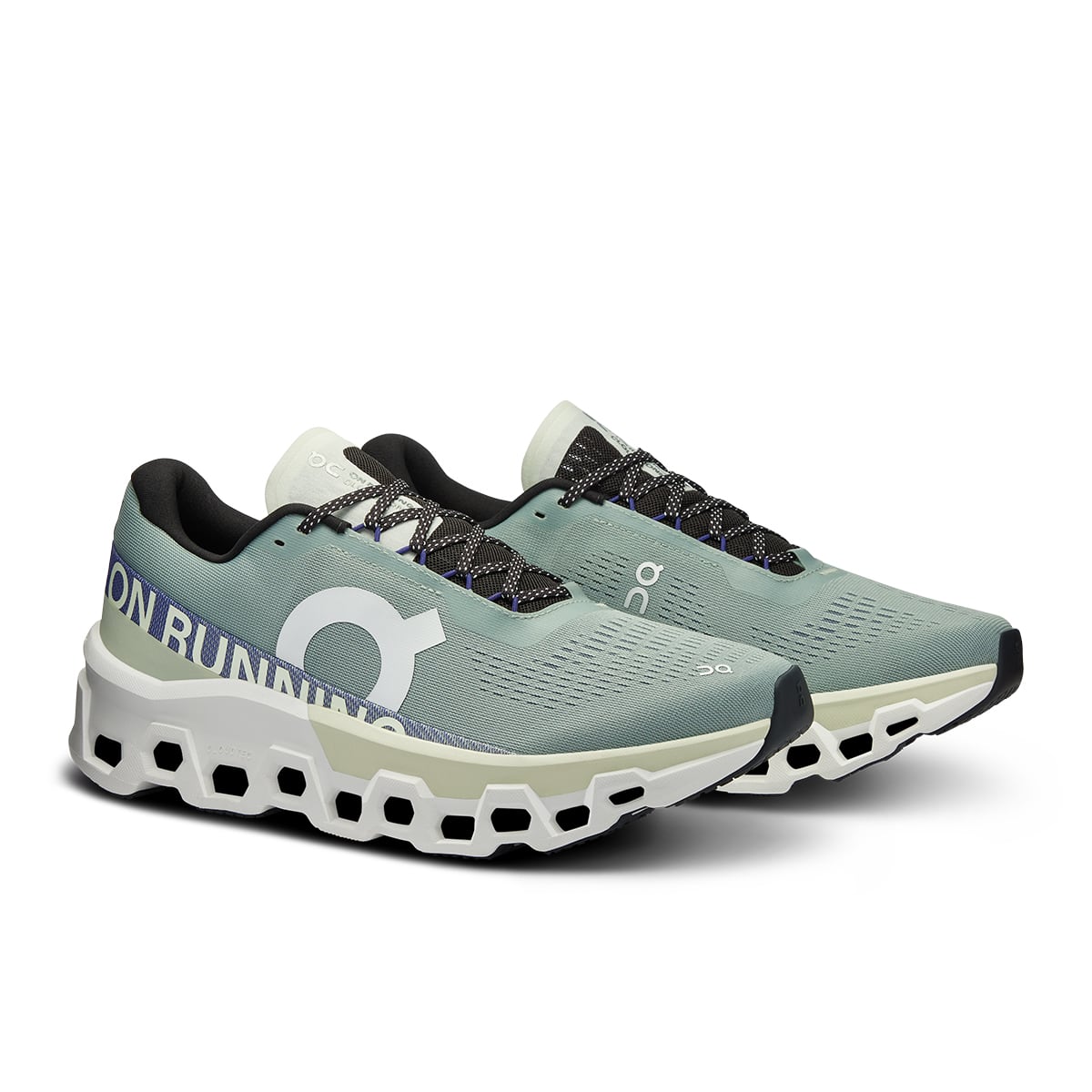 45-degree view of the On Cloudmonster 2 Mineral Aloe men’s running shoe