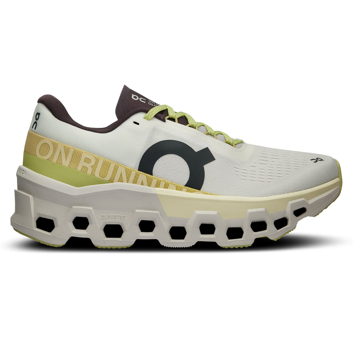 Right side view of the On Cloudmonster 2 Undyed Zest women’s running shoe