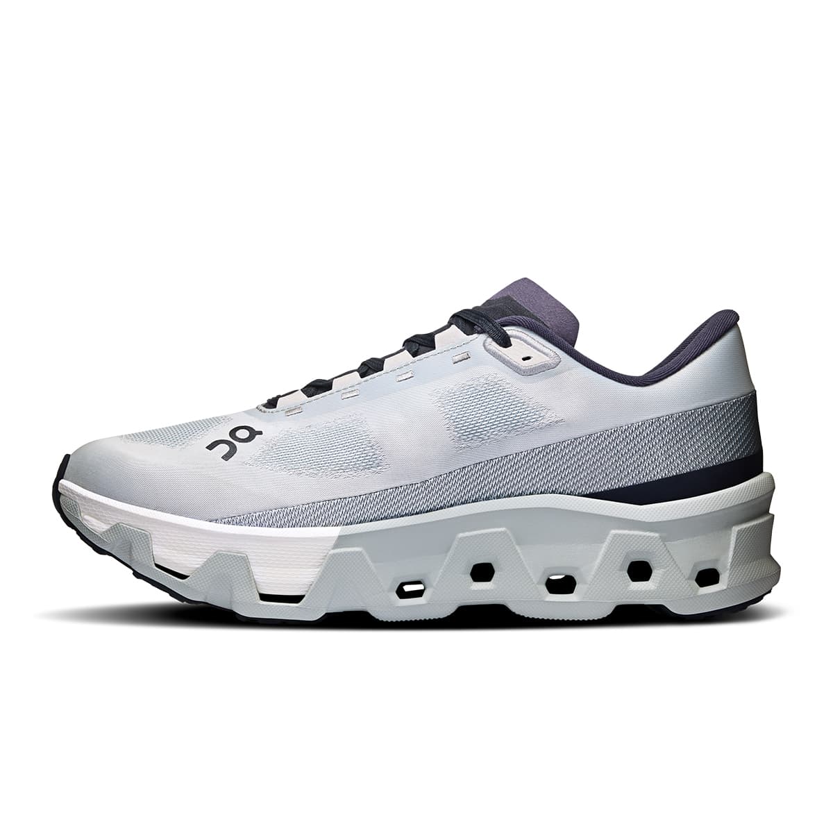 Left side view of the On Cloudmonster Hyper Glacier Ivory men’s running shoe
