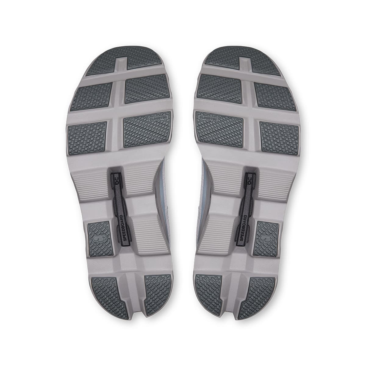 Soles of the On Cloudmonster Void Alloy Glacier men’s running shoes #color_alloy-glacier