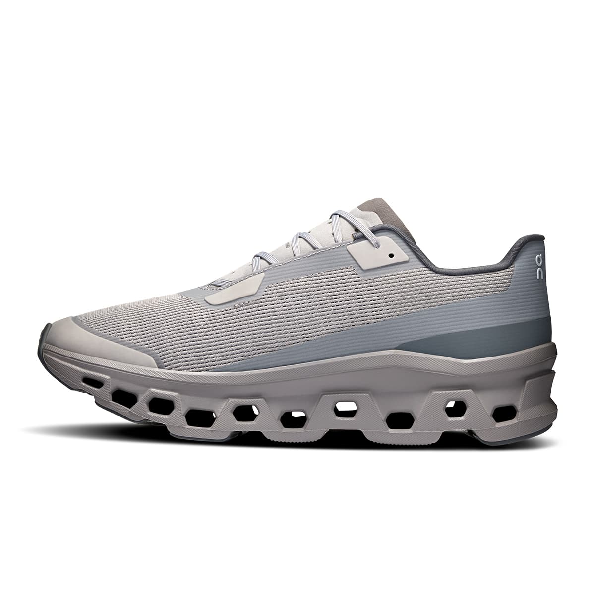 Left side view of the On Cloudmonster Void Alloy Glacier men’s running shoe #color_alloy-glacier