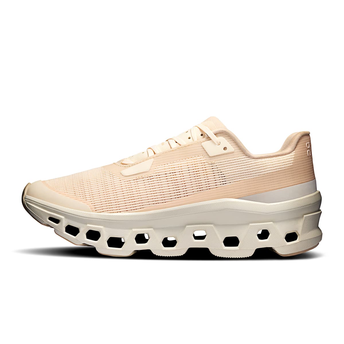 Left side view of the On Cloudmonster Void Dew-Ivory women’s running shoe