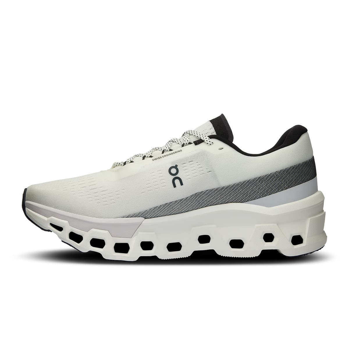 Left side view of the On Cloudmonster 2 White-Frost men’s running shoe