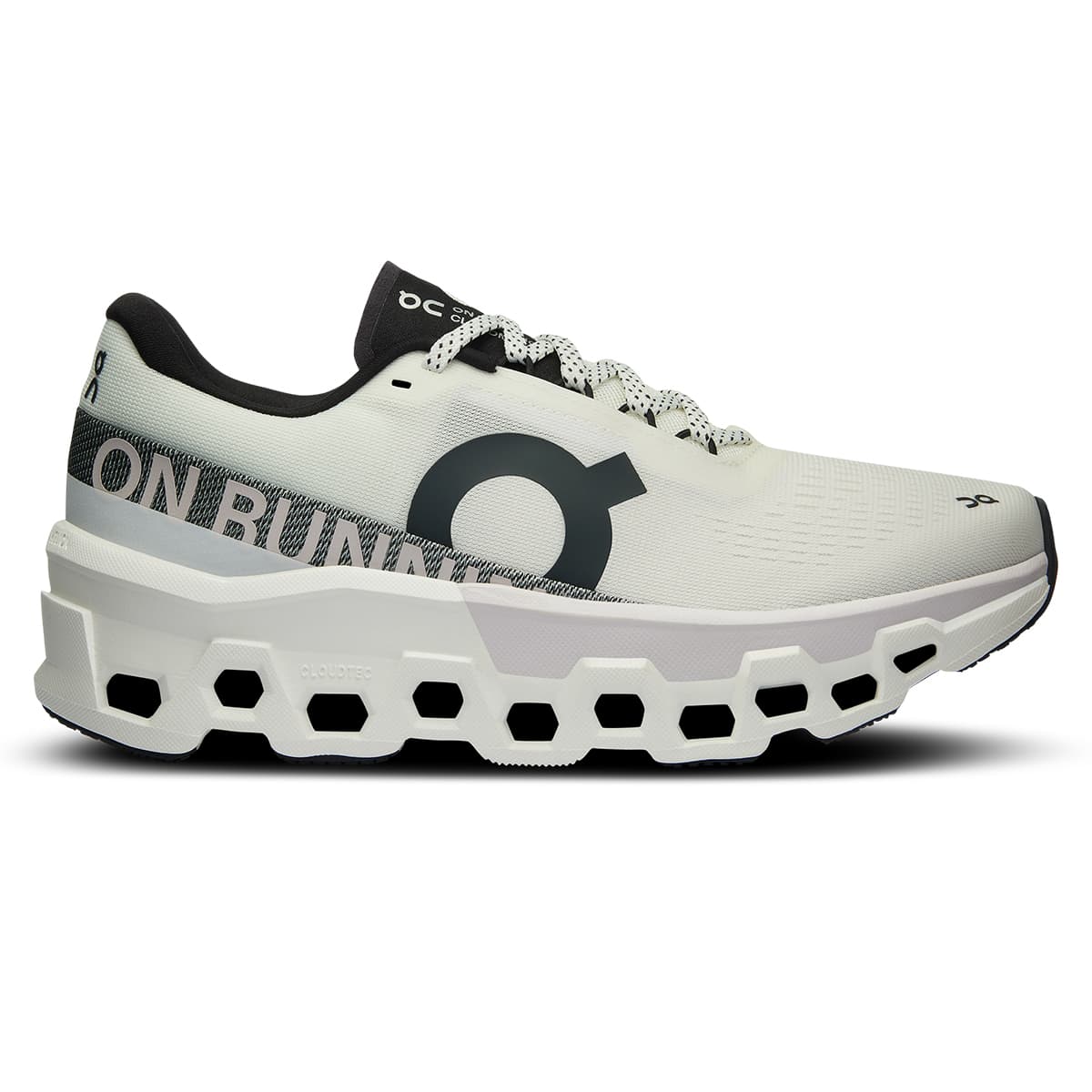Right side view of the On Cloudmonster 2 White-Frost women’s running shoe