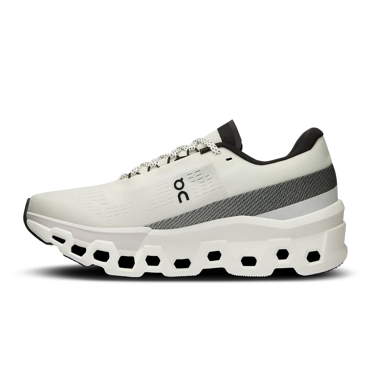 Left side view of the On Cloudmonster 2 White-Frost women’s running shoe #color_white-frost