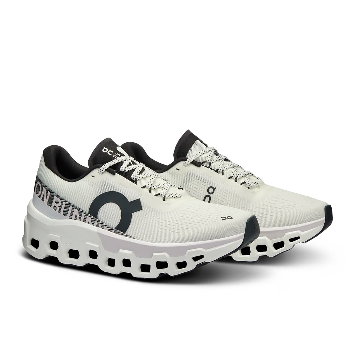 45-degree view of the On Cloudmonster 2 White-Frost women’s running shoe