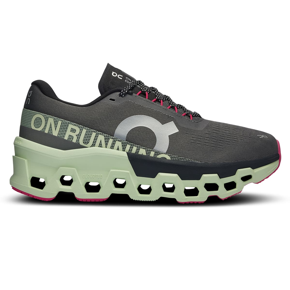 Right side view of the On Cloudmonster Asphalt Lima women’s running shoe