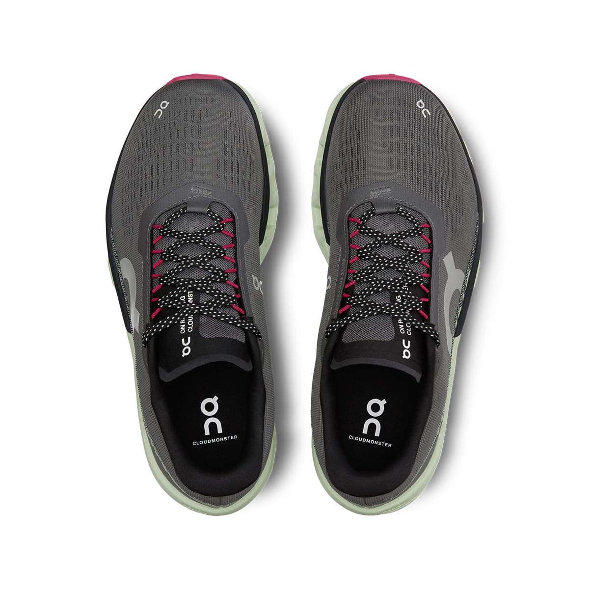 Top view of the On Cloudmonster Asphalt Lima women’s running shoes
