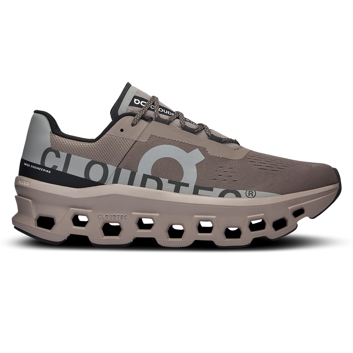 Right side view of the On Cloudmonster Cinder Fog men's running shoe