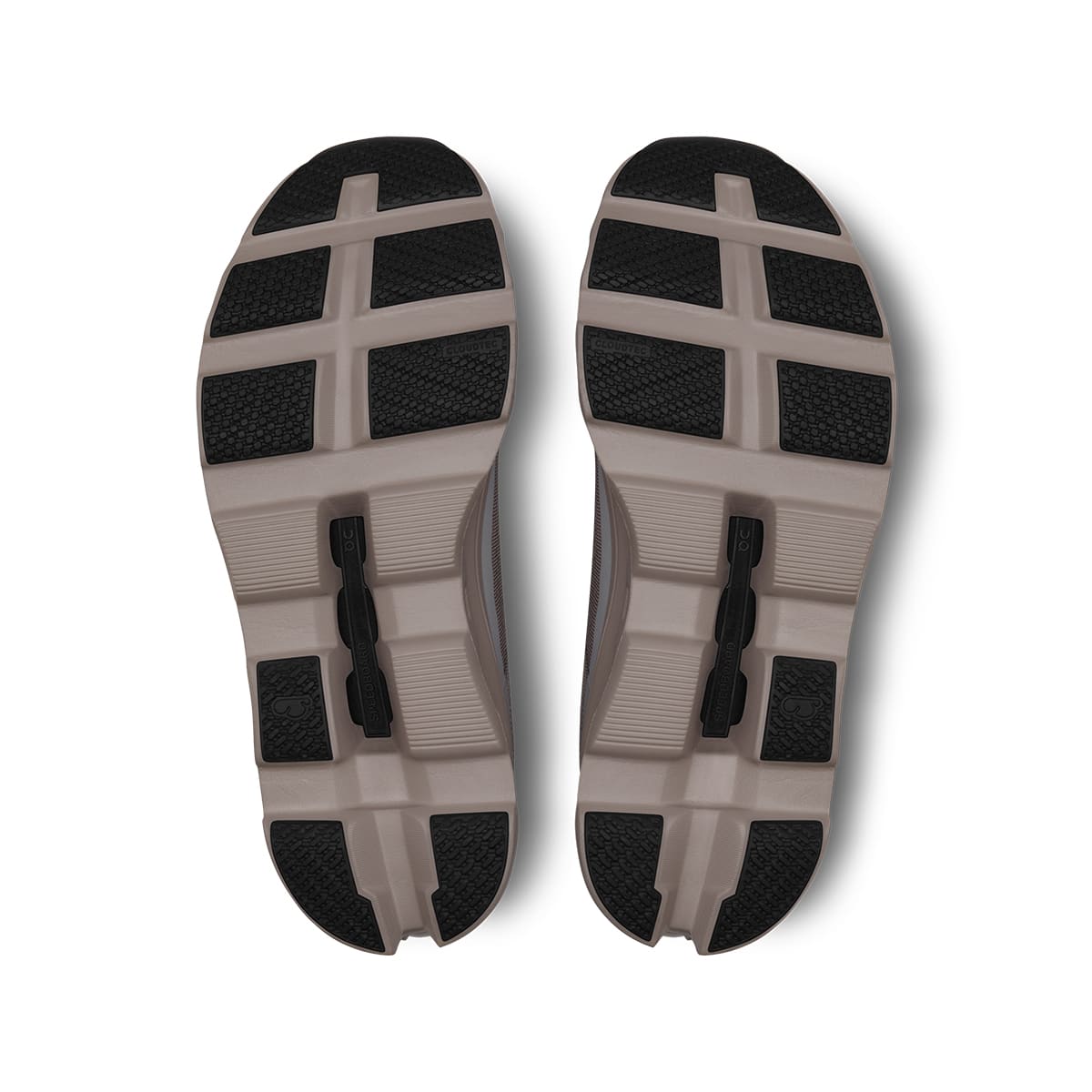 Soles of the On Cloudmonster Cinder Fog men's running shoes