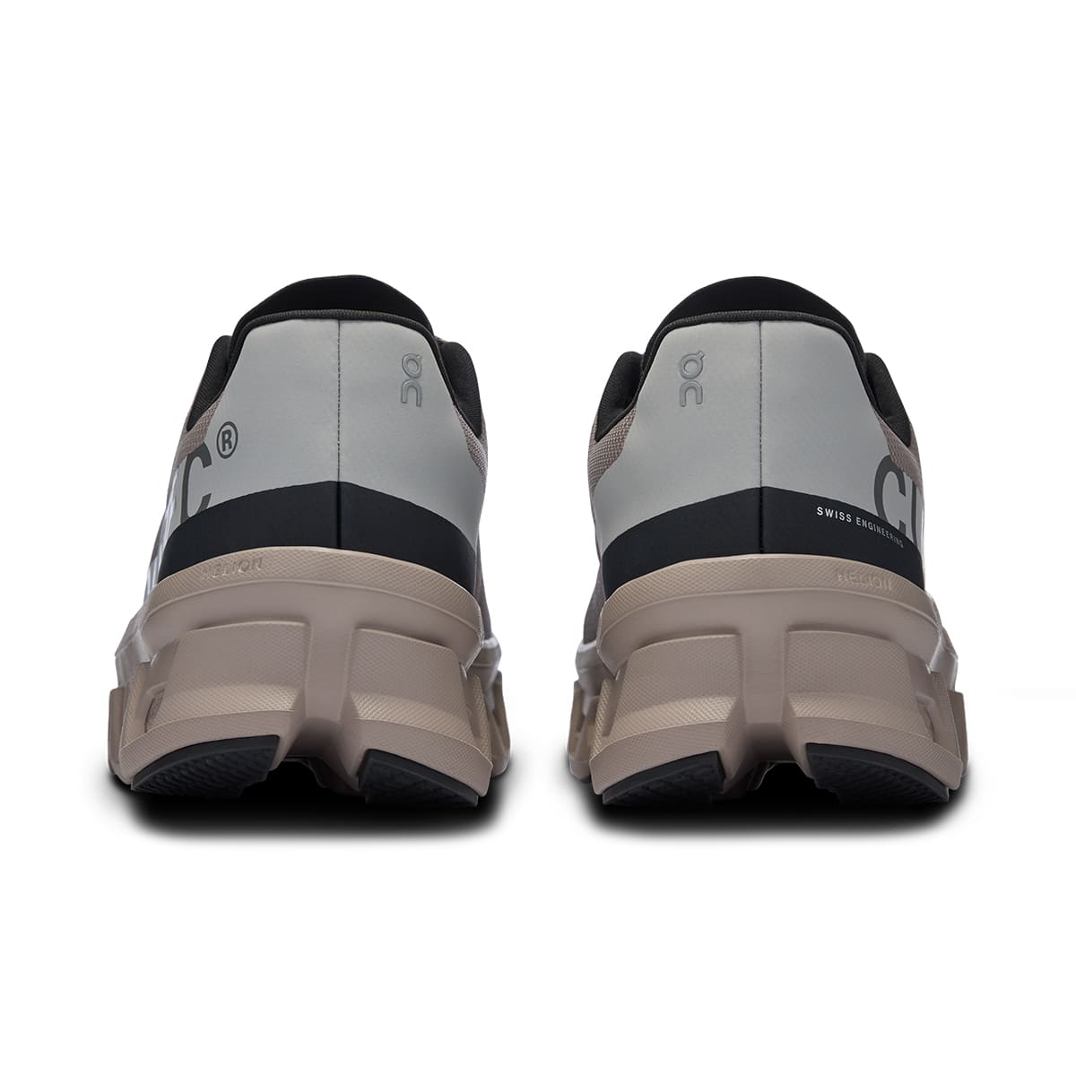 Back view of the On Cloudmonster Cinder Fog men's running shoe