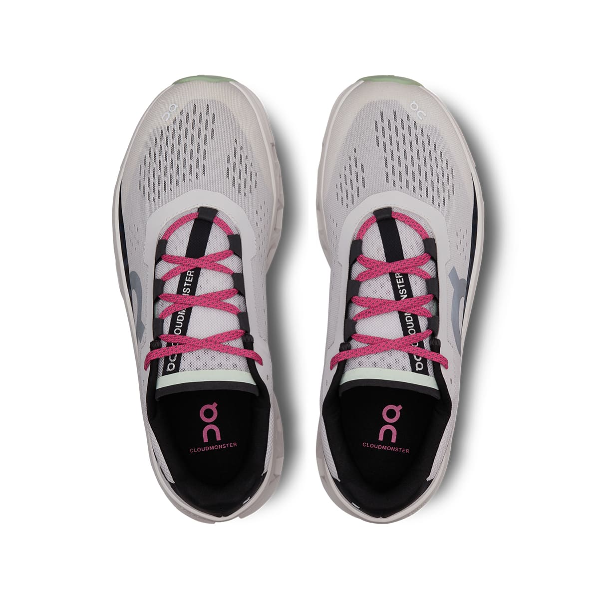 Top view of the On Cloudmonster Frost Black men's running shoes