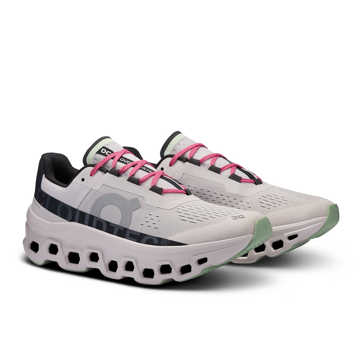 45-degree view of the On Cloudmonster Frost Black men's running shoe