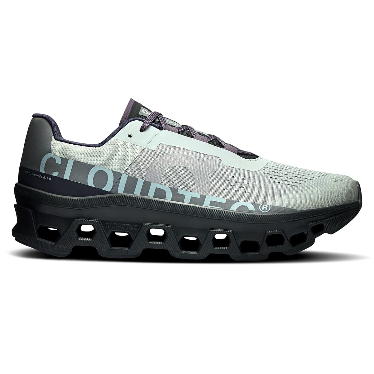 Right side view of the On Cloudmonster Glacier-Black men’s running shoe