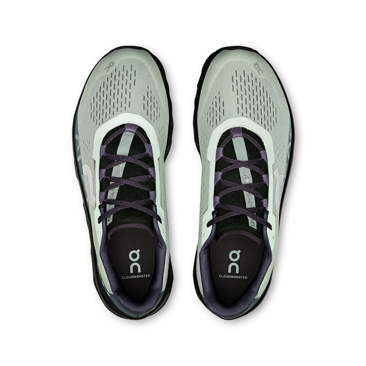 Top view of the On Cloudmonster Glacier-Black men’s running shoes #color_glacier-black