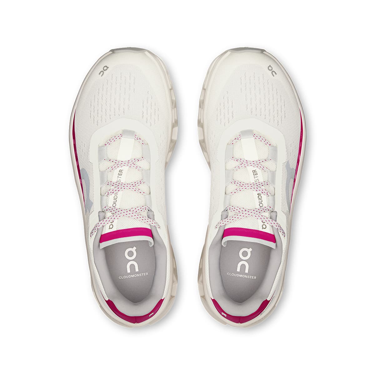Top view of the On Cloudmonster Ivory-Grenadine women’s running shoes