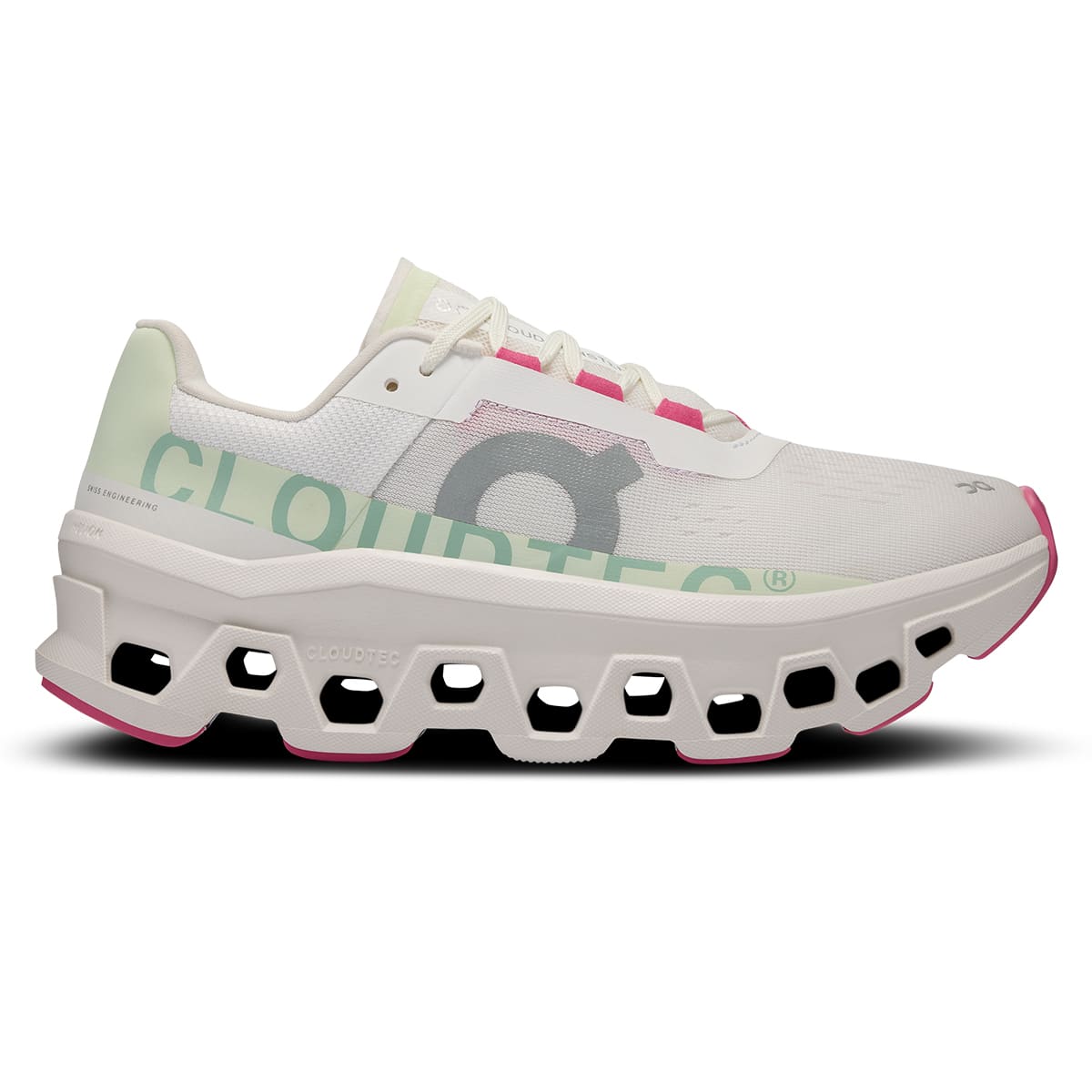 Right side view of the On Cloudmonster White Lima women's running shoe #color_white-lima