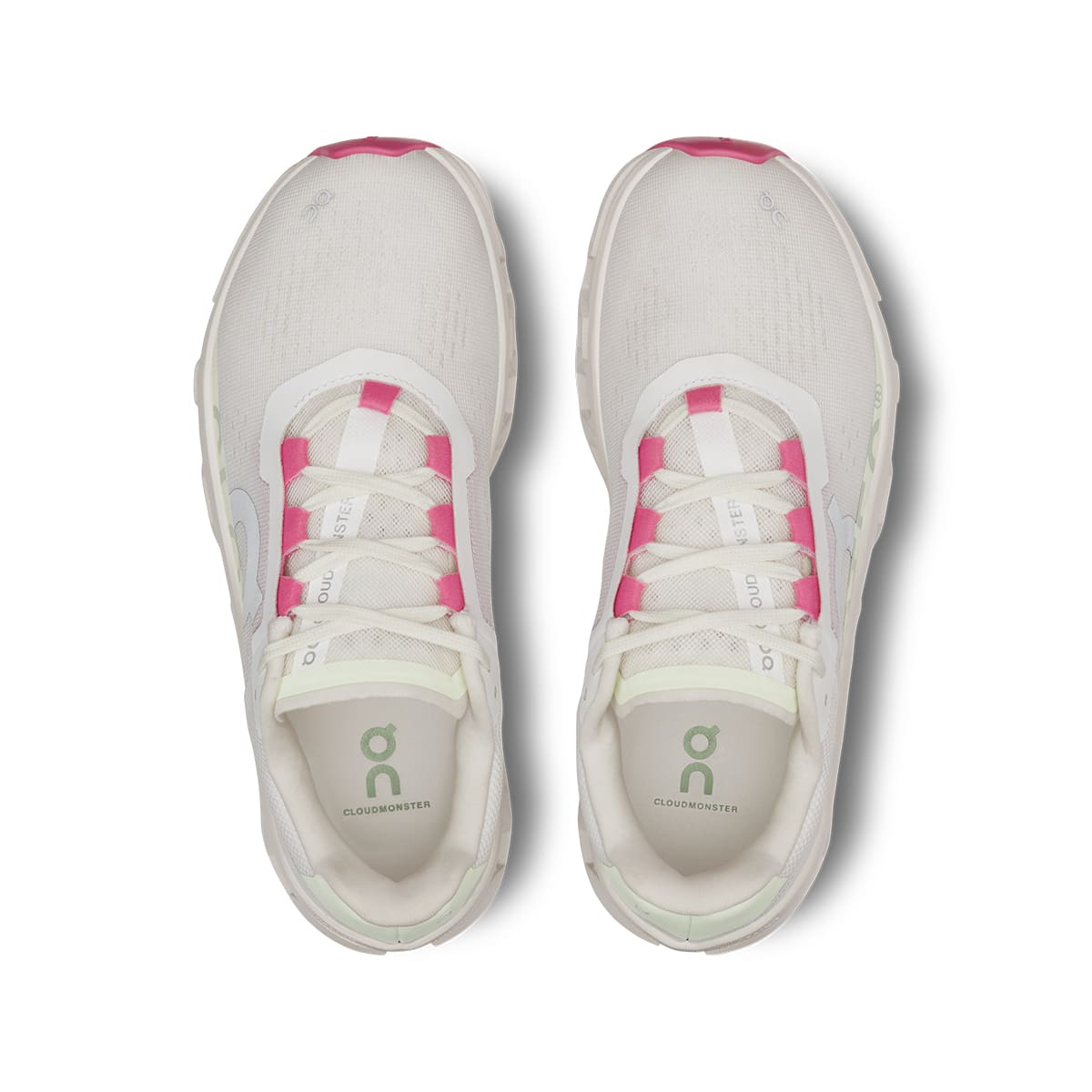 Top view of the On Cloudmonster White Lima women's running shoes