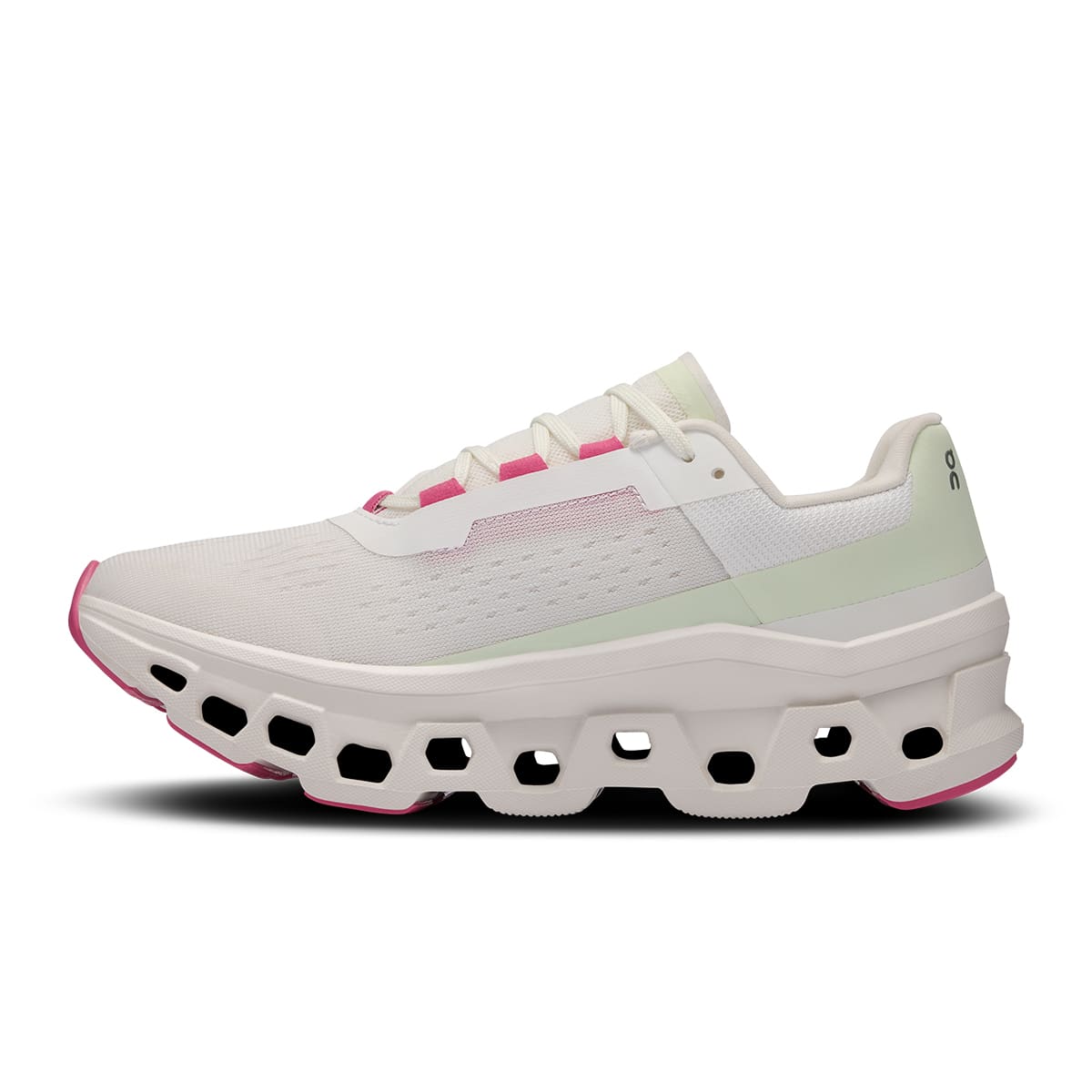 Left side view of the On Cloudmonster White Lima women's running shoe #color_white-lima