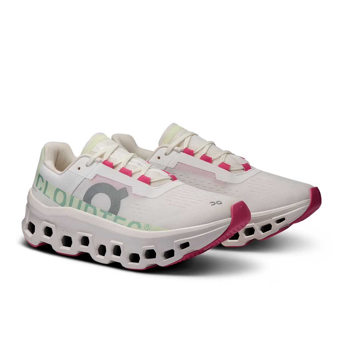 45-degree view of the On Cloudmonster White Lima women's running shoe