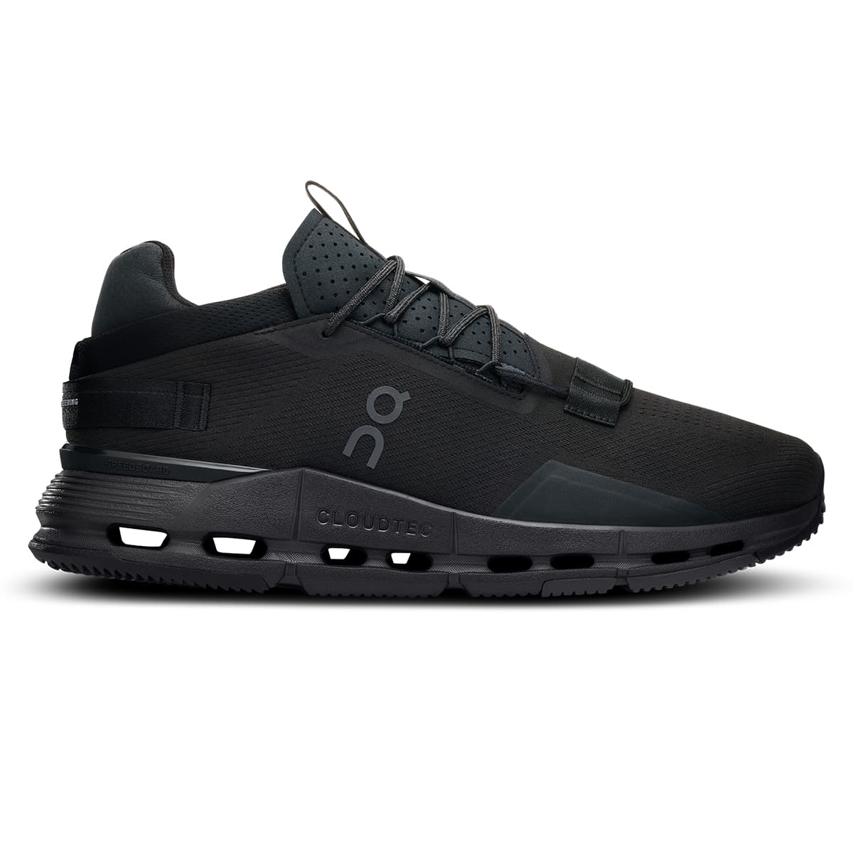 Right side view of the On Cloudnova 2 All Black men’s running shoe