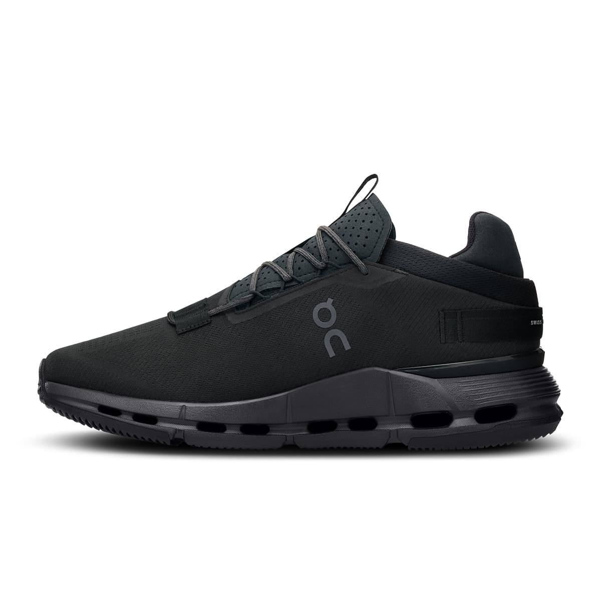 Left side view of the On Cloudnova 2 All Black men’s running shoe