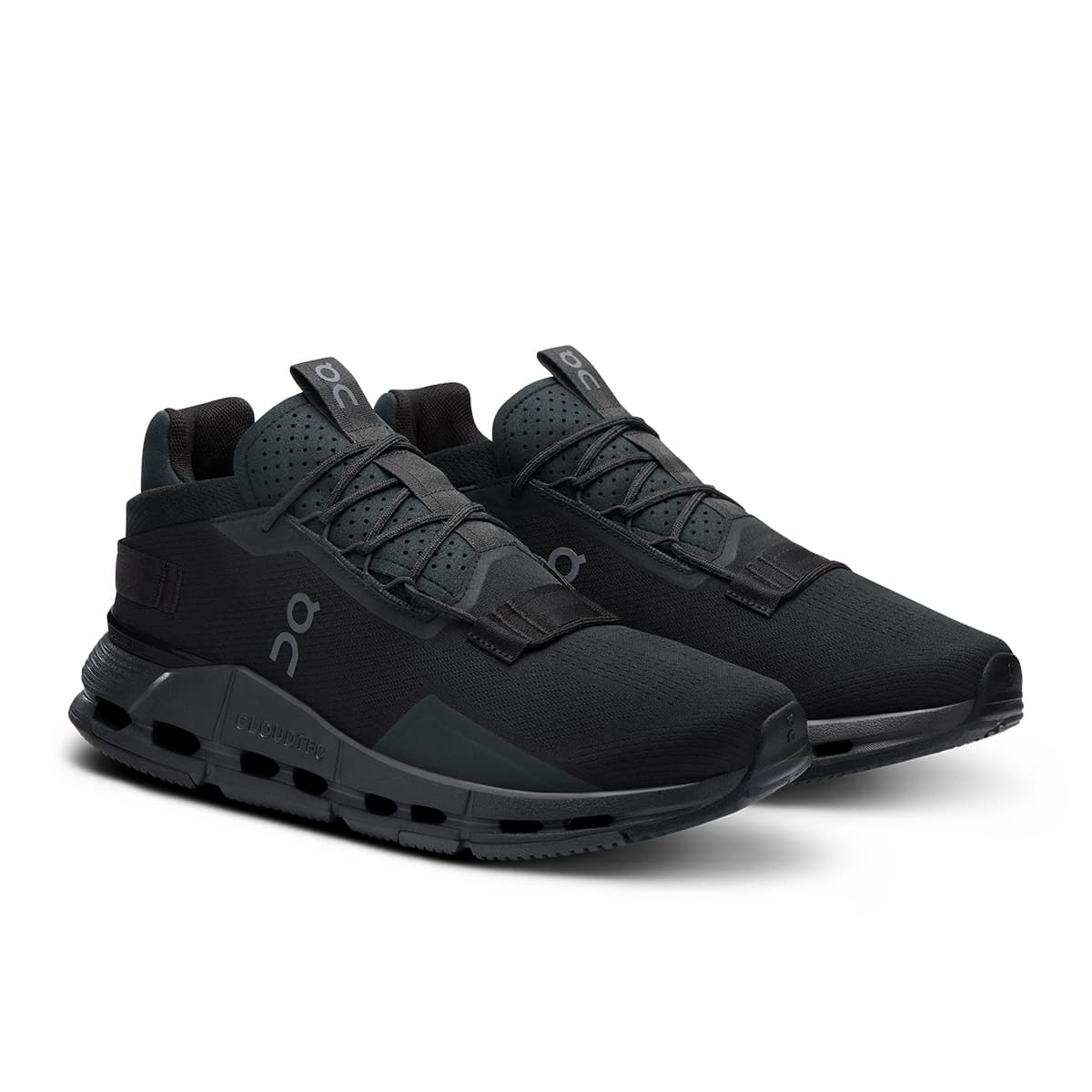 45-degree view of the On Cloudnova 2 All Black men’s running shoe