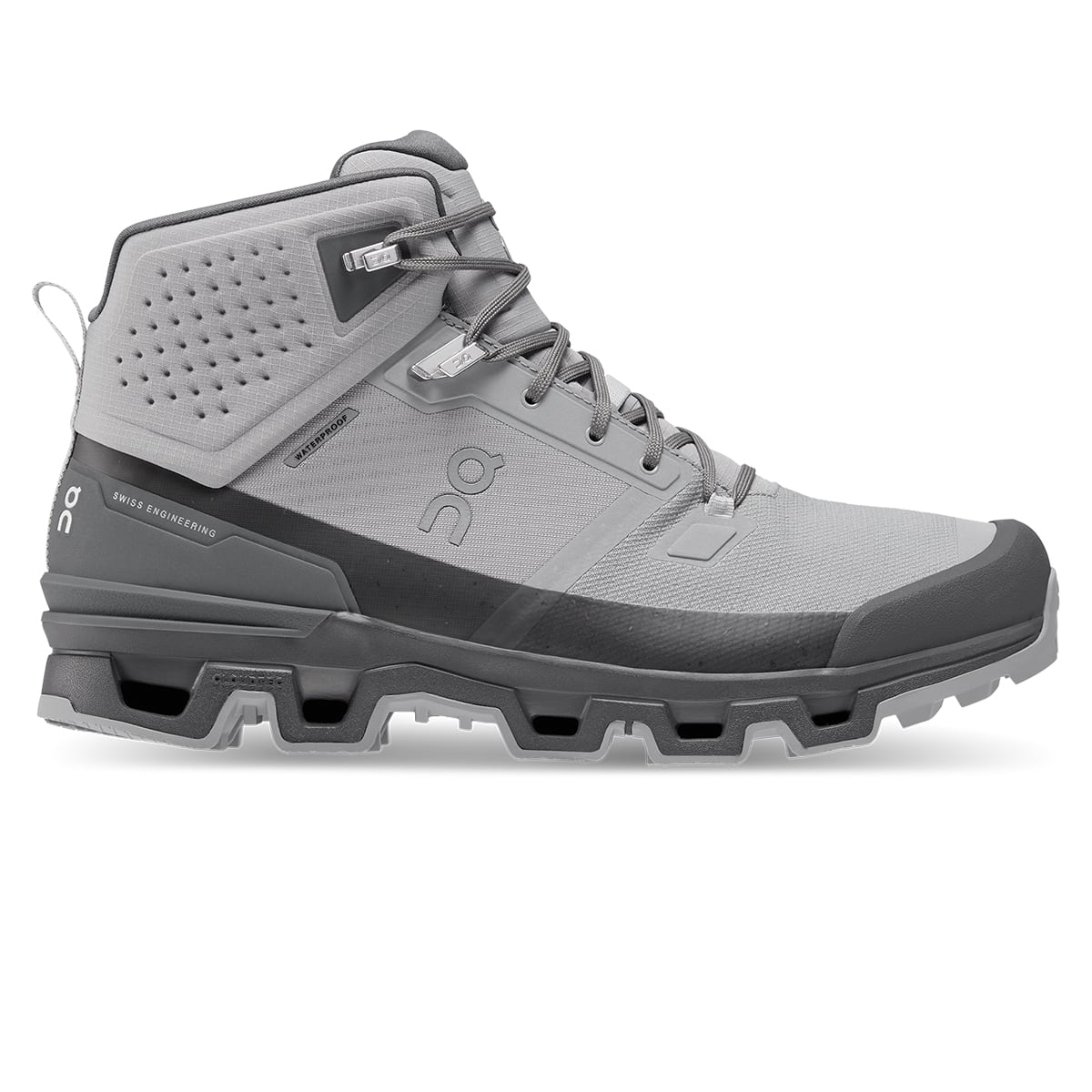 Right side view of the On Cloudrock 2 Waterproof Alloy-Eclipse men’s running shoe