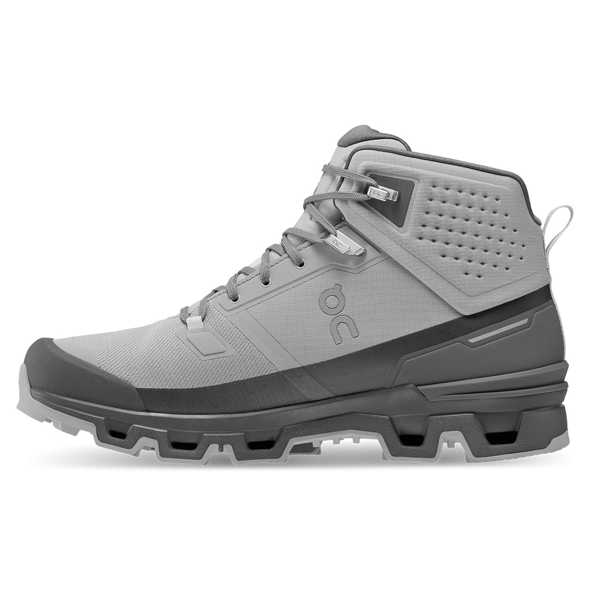 Left side view of the On Cloudrock 2 Waterproof Alloy-Eclipse men’s running shoe