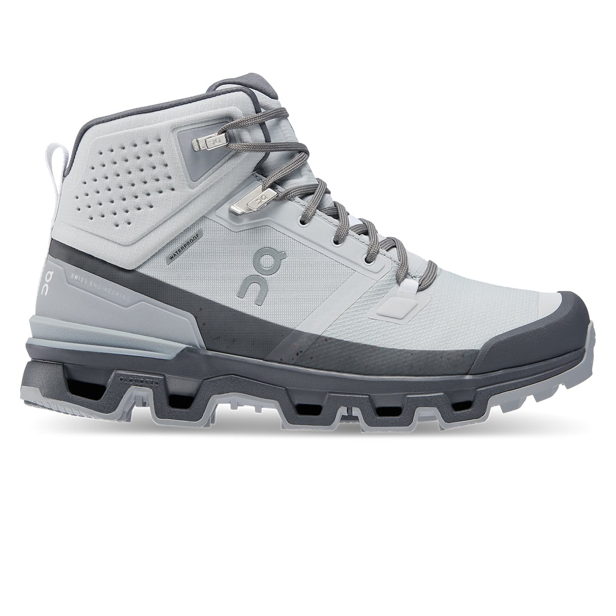 Right side view of the On Cloudrock 2 Waterproof Glacier-Eclipse women’s running shoe