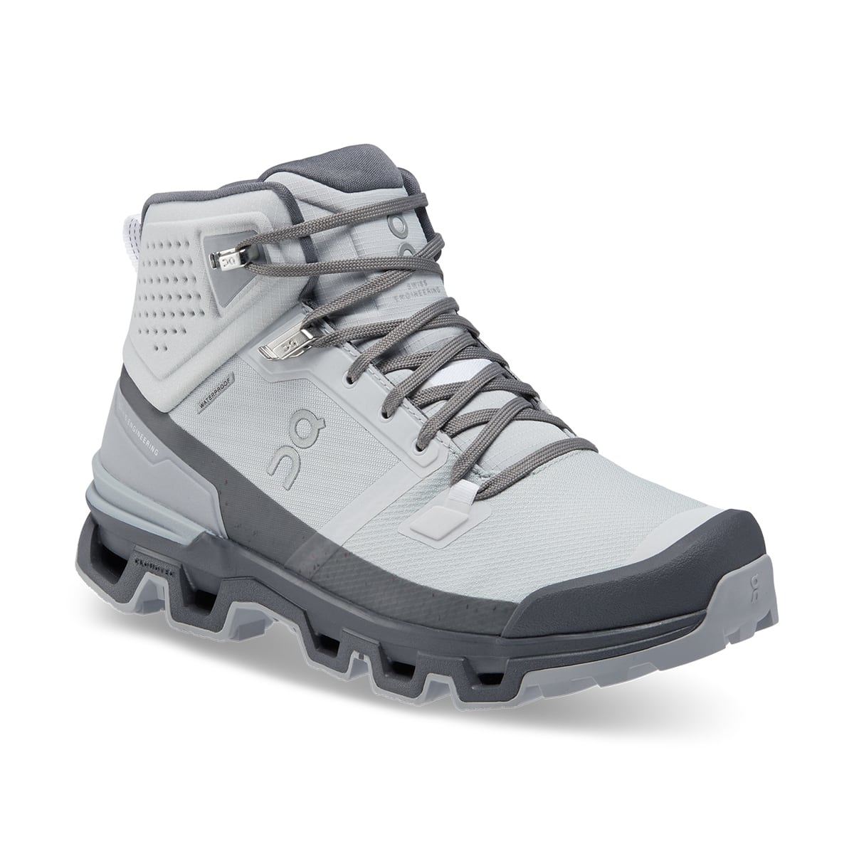 45-degree view of the On Cloudrock 2 Waterproof Glacier-Eclipse women’s running shoe