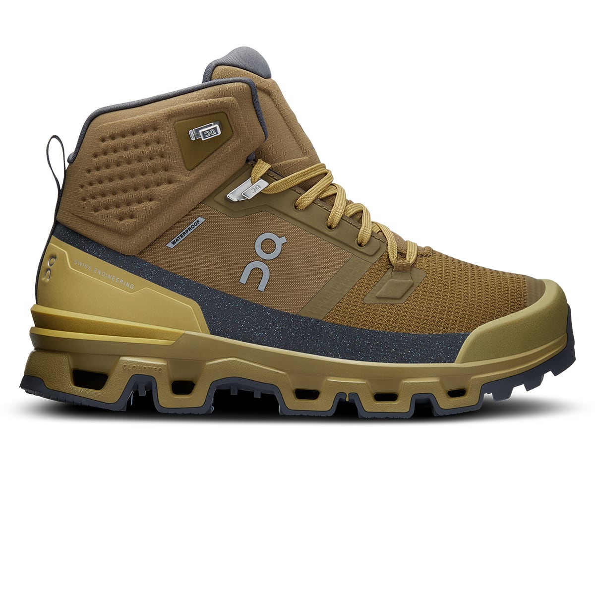 Right side view of the On Cloudrock 2 Waterproof Hunter-Safari women’s running shoe