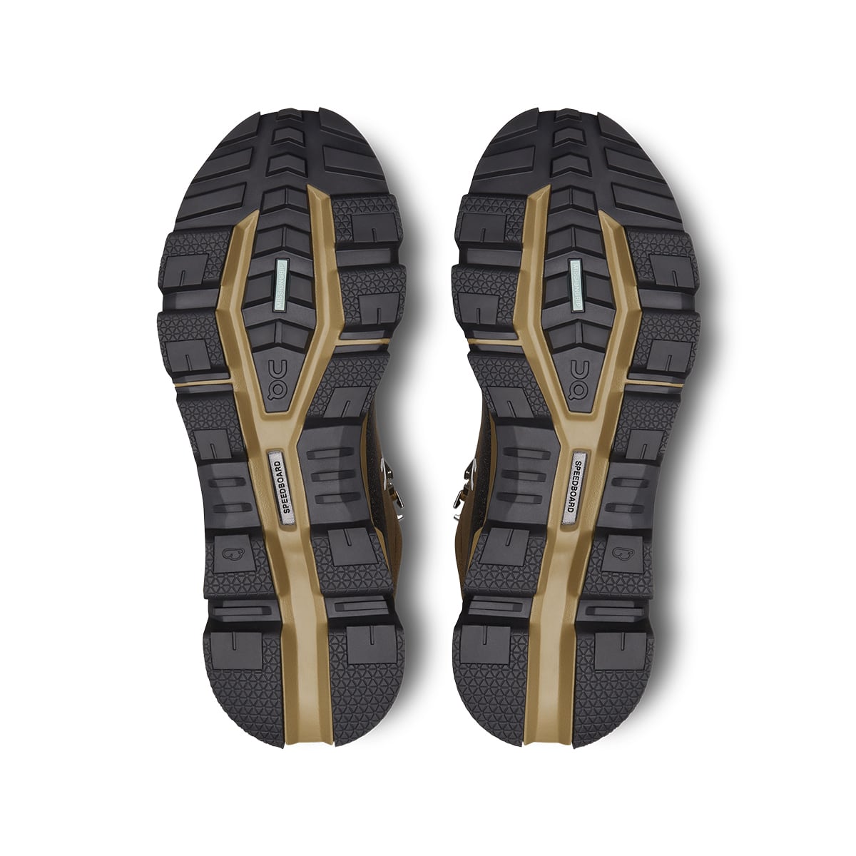 Soles of the On Cloudrock 2 Waterproof Hunter-Safari women’s running shoes