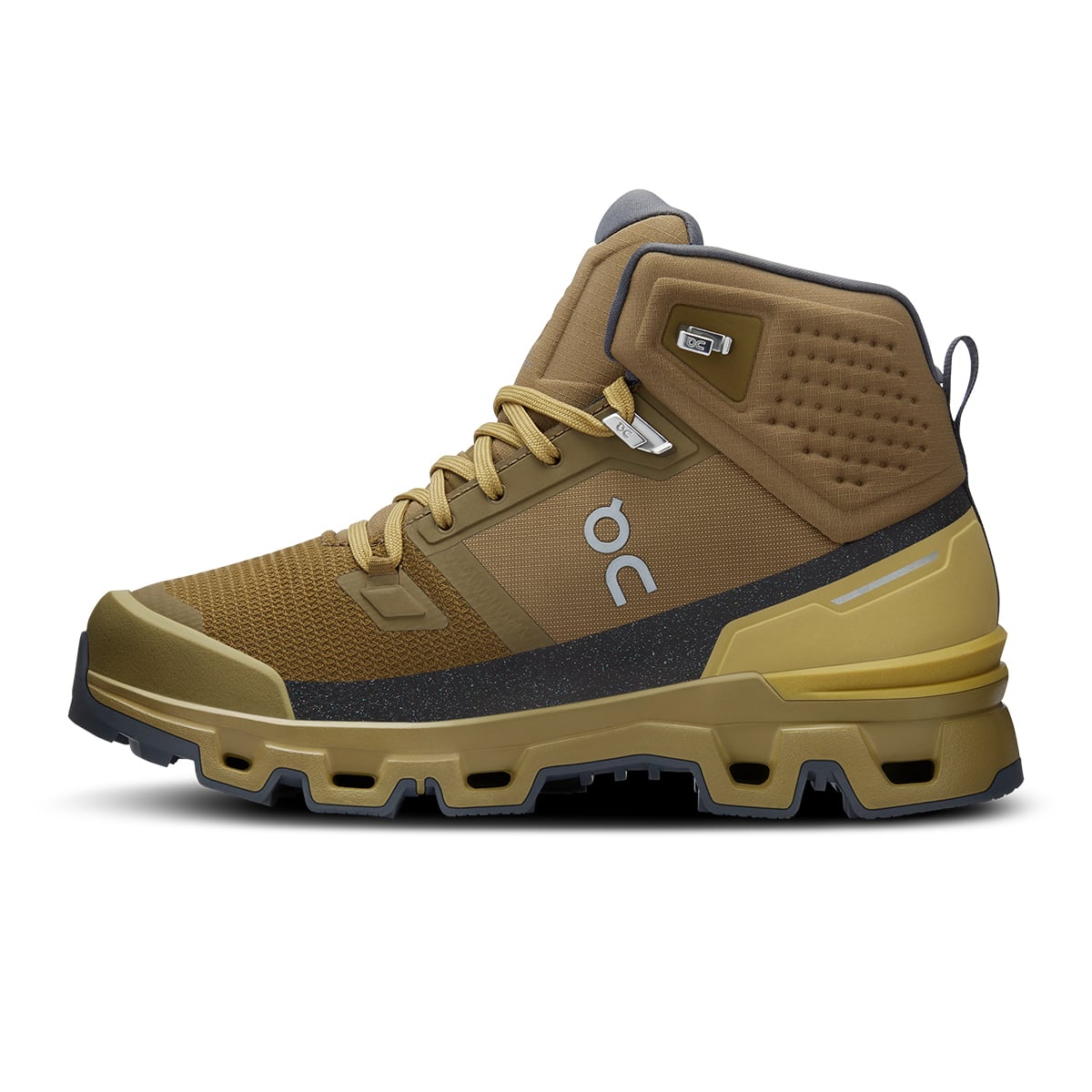 Left side view of the On Cloudrock 2 Waterproof Hunter-Safari women’s running shoe