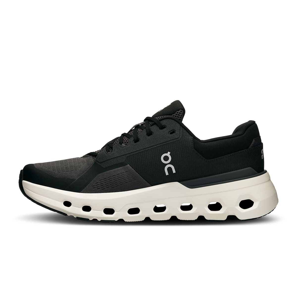 Left side view of the On Cloudrunner 2 Eclipse Black men’s running shoe
