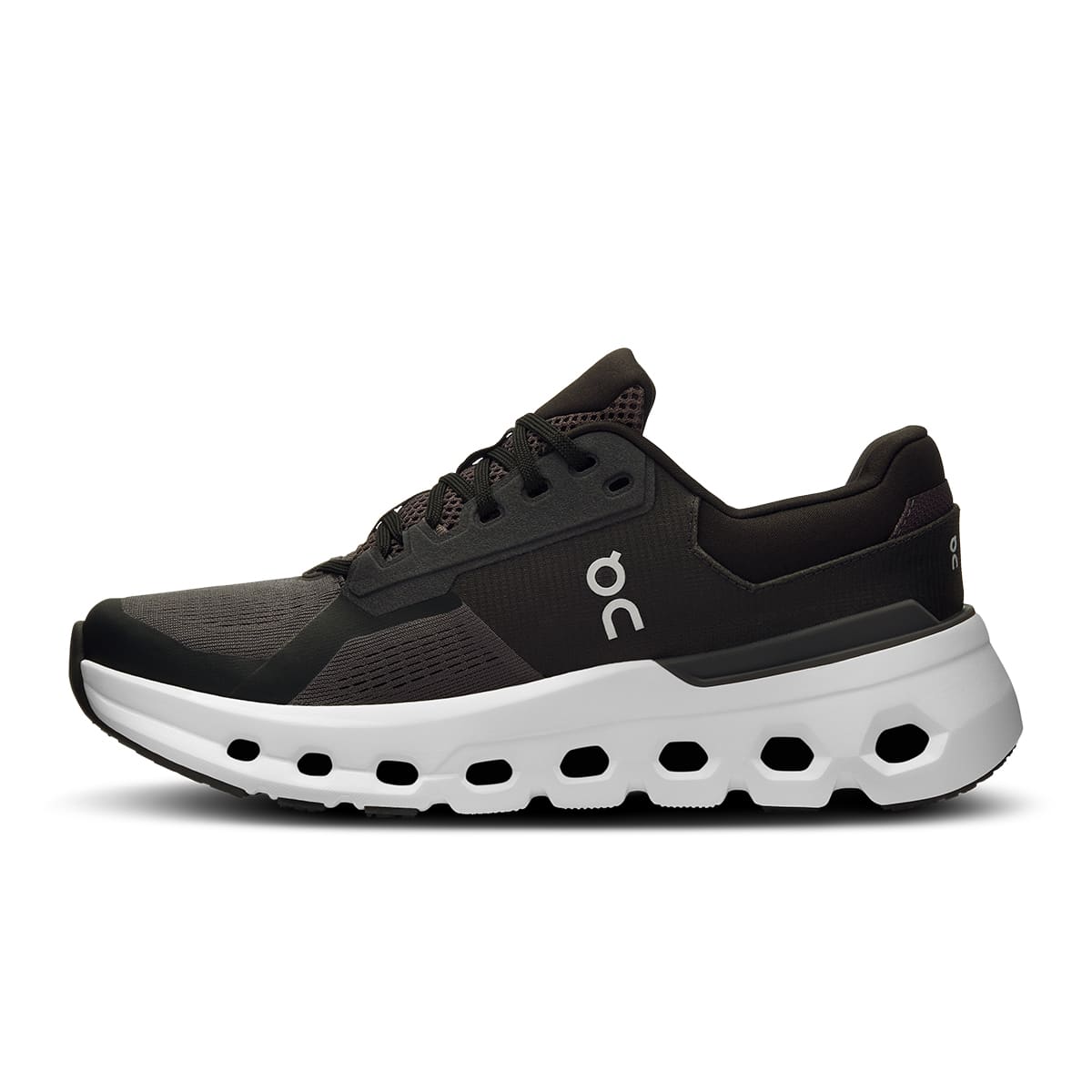 Left side view of the On Cloudrunner 2 Eclipse Black women’s running shoe