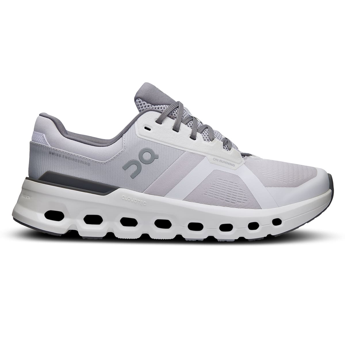 Right side view of the On Cloudrunner 2 Frost White men’s running shoe
