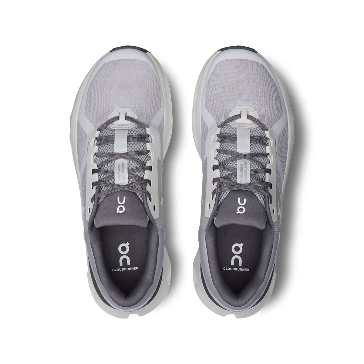 Top view of the On Cloudrunner 2 Frost White men’s running shoes