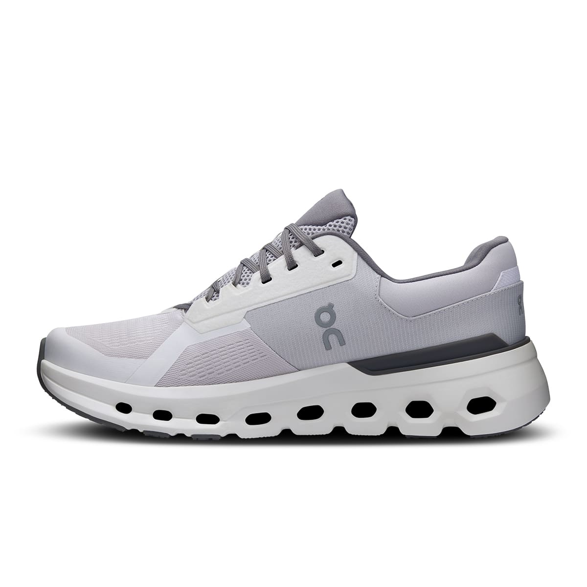 Left side view of the On Cloudrunner 2 Frost White men’s running shoe
