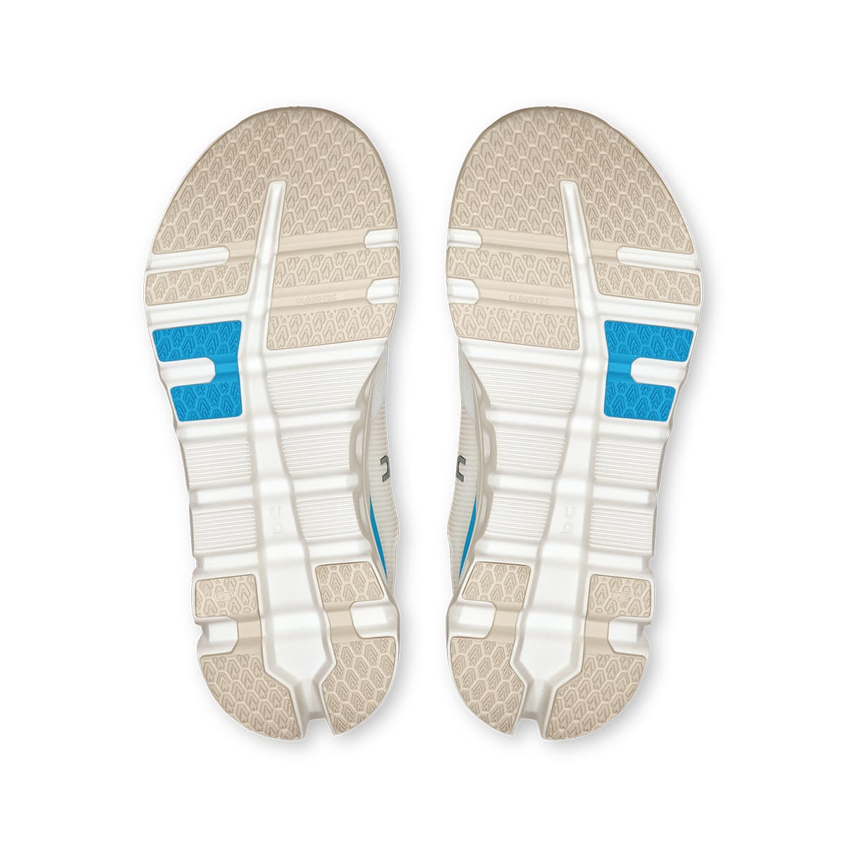 Soles of the On Cloudrunner 2 White-Horizon women’s running shoes